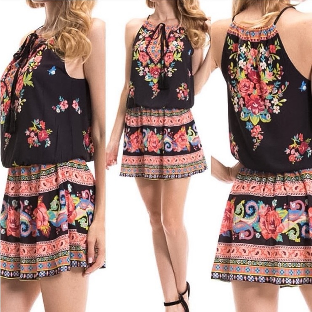Flying Tomato Otomi Mexican Floral Print Halter Dress - Size M, Multicolored
